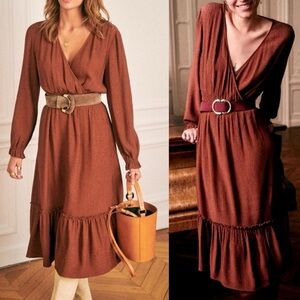 Sezane Titiane Dress Hazel Brown Size 38 French US 6‎ Midi Wrap Bohemian French